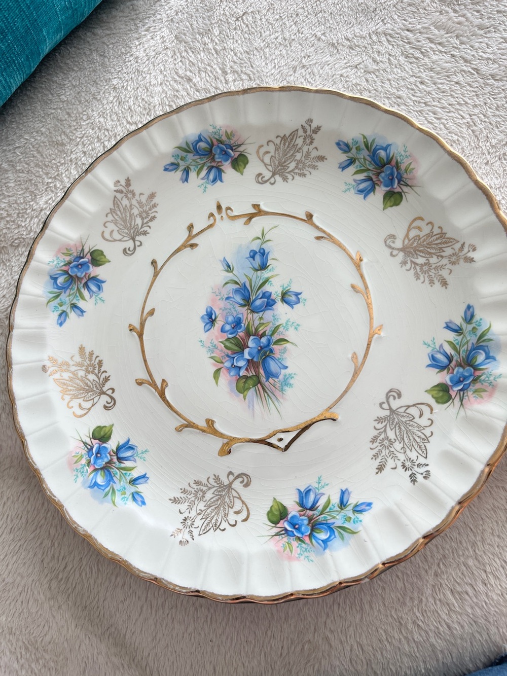 Avon White Plate with Blue Floral Bouquet and Gold Trim
